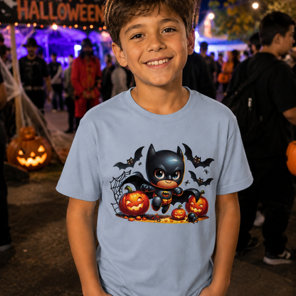 Child wearing a light blue t-shirt with a Batman graphic at a Halloween event.