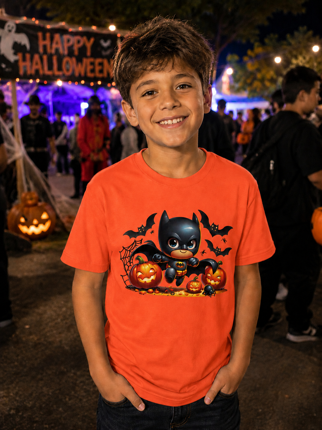 Child wearing an orange shirt with a Batman design at a Halloween event.