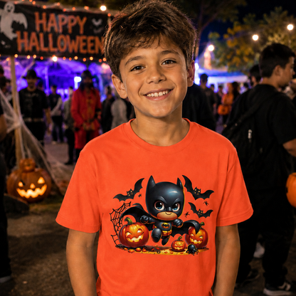 Child wearing an orange shirt with a Batman design at a Halloween event.