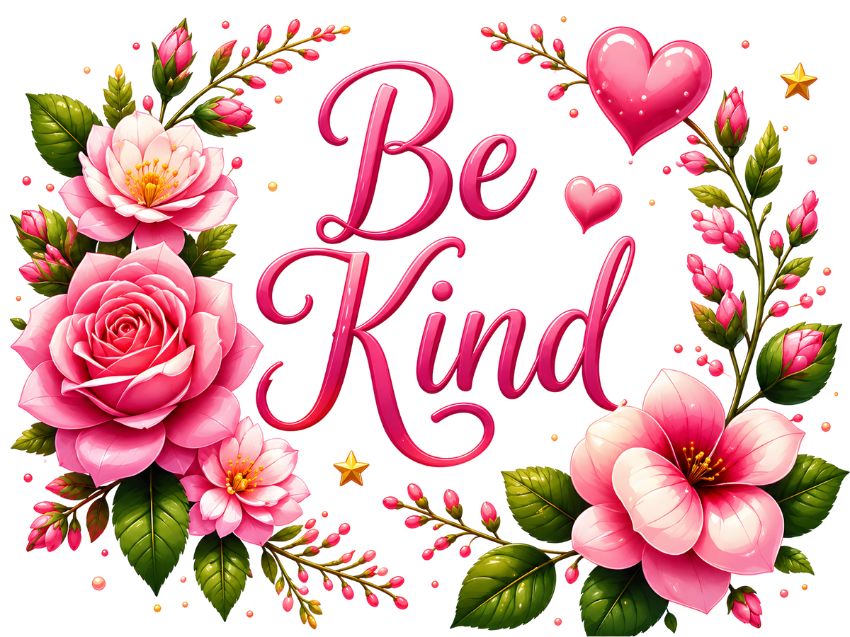 A decorative digital graphic with the words “Be Kind” in large pink script, surrounded by pink flowers, green leaves, small pink hearts, and gold stars on a black background.