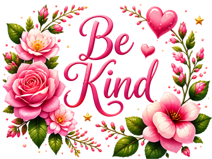 A decorative digital graphic with the words “Be Kind” in large pink script, surrounded by pink flowers, green leaves, small pink hearts, and gold stars on a black background.