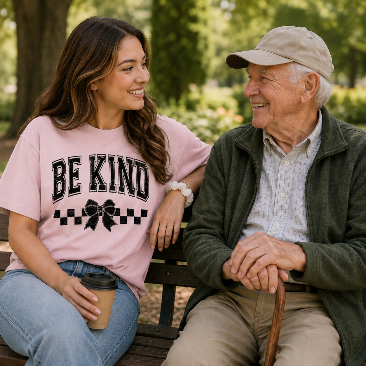 Woman wearing a 'BE KIND' light pink t-shirt sitting with an older man outdoors.