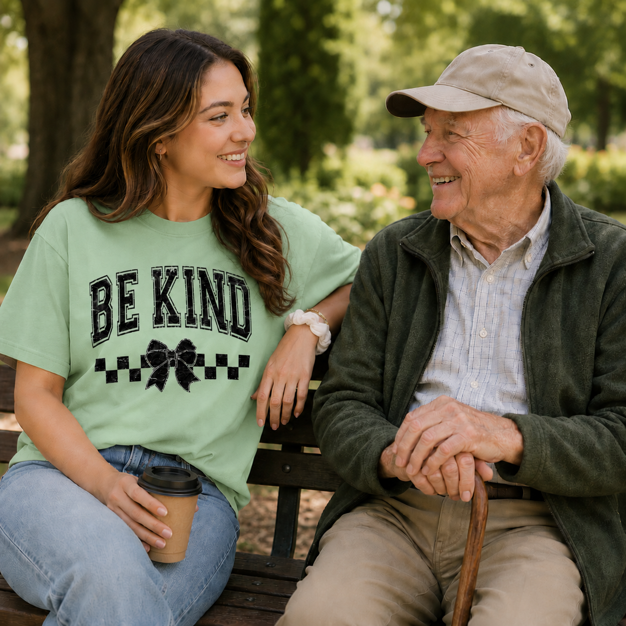 Woman wearing a 'BE KIND' mint green t-shirt sitting with an older man outdoors.