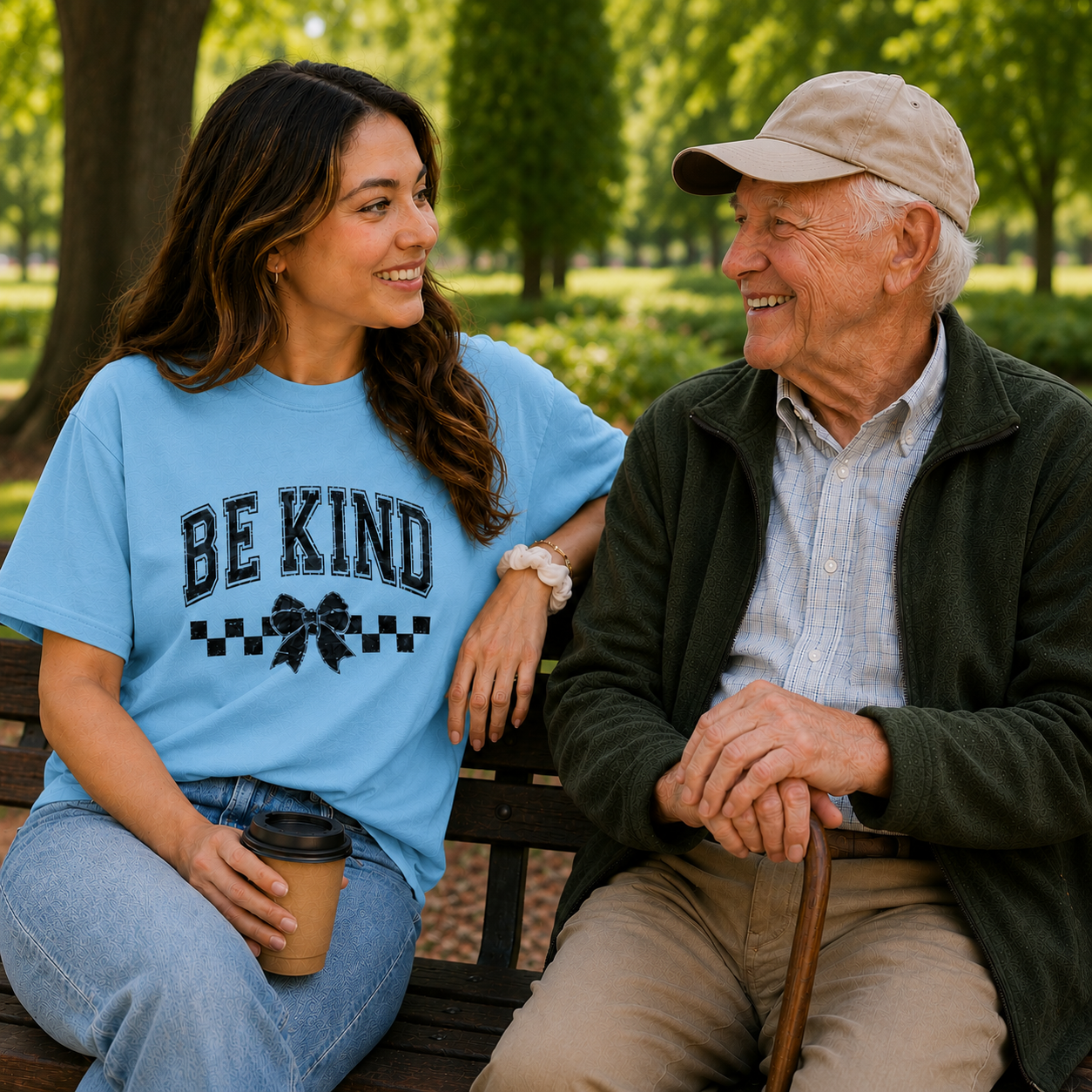 Woman wearing a 'Be Kind' blue t-shirt sitting with an older man on a bench in a park.