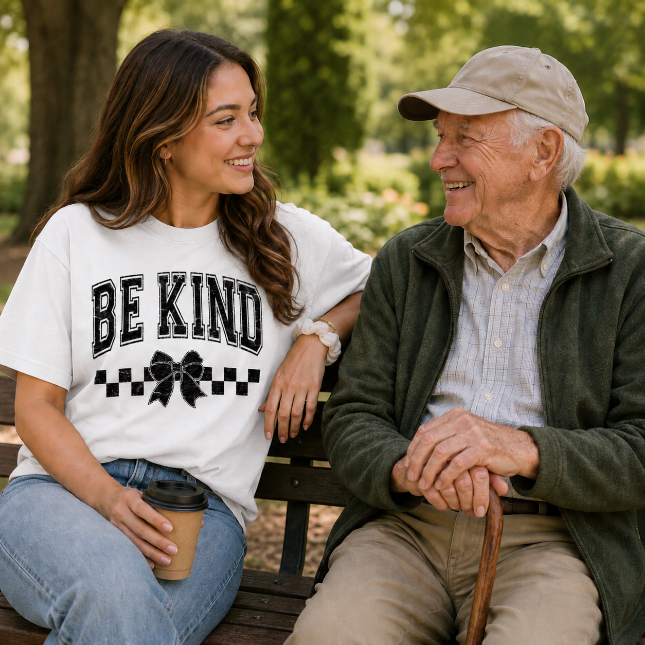 Woman wearing a 'BE KIND' white t-shirt sitting with an older man on a bench outdoors.