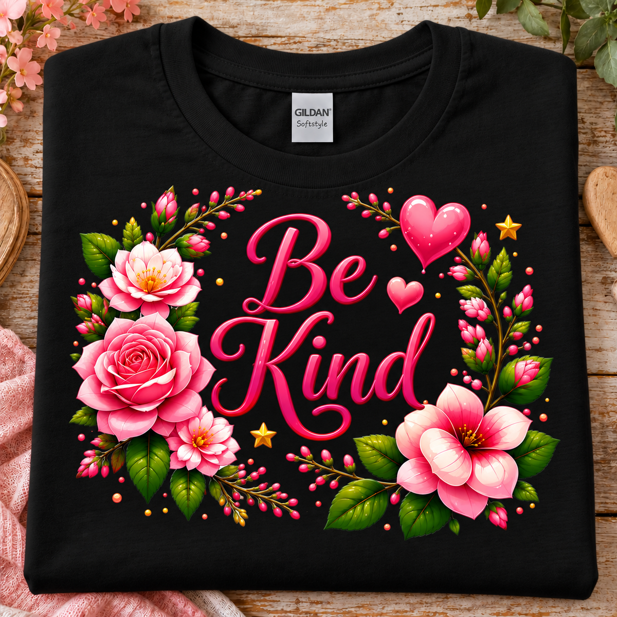 A folded black Gildan Softstyle t-shirt with a colorful graphic print that reads 'Be Kind' in pink script, surrounded by pink roses, green leaves, and pink hearts, displayed on a rustic wooden background.