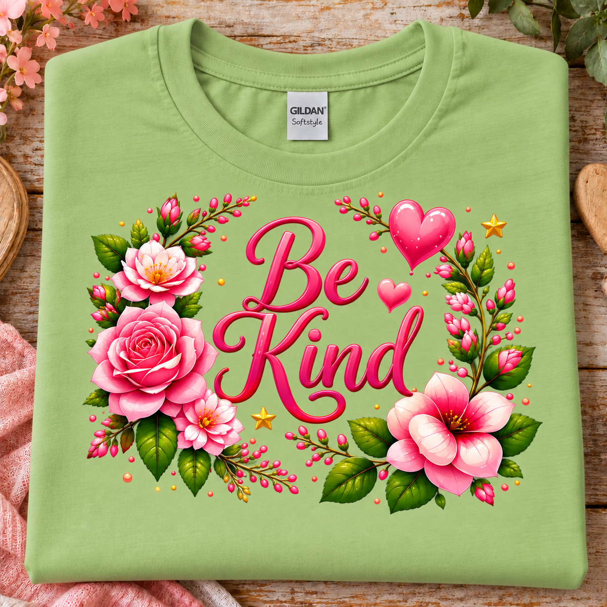 A folded pistachio green Gildan Softstyle T-shirt with a colorful floral graphic and the words 'Be Kind' in pink script, displayed on a rustic wooden surface with flowers and fabric props around it.