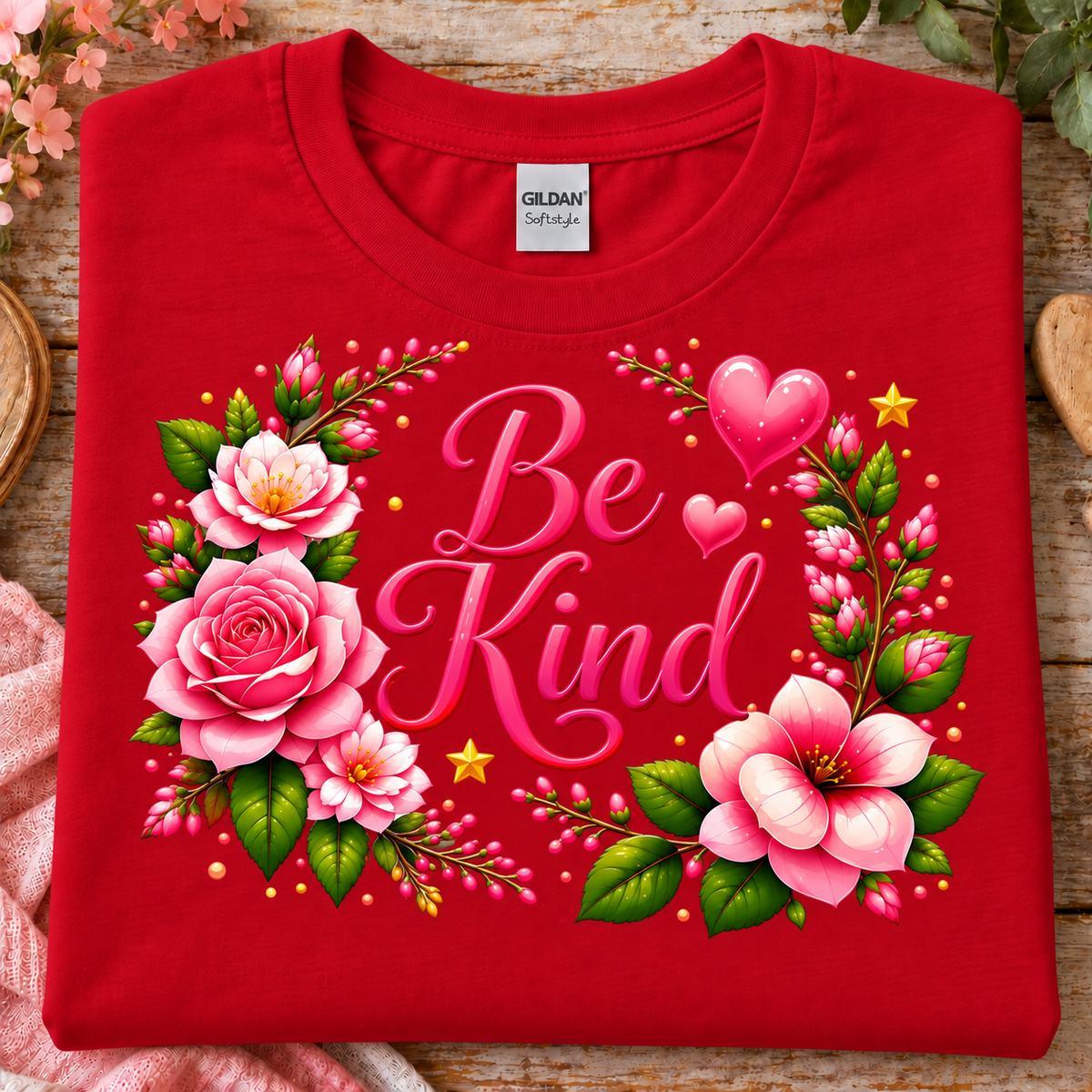 A folded red Gildan Softstyle T-shirt with a colorful floral graphic and the words 'Be Kind' in pink script, placed on a rustic wooden surface with flowers and fabric props around it.