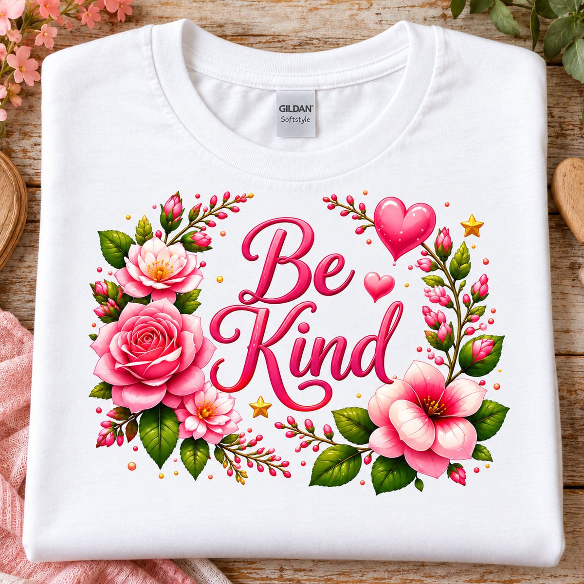 A folded white Gildan Softstyle T-shirt laid flat on a rustic wooden surface, featuring a colorful floral design with pink roses, green leaves, hearts, stars, and the words “Be Kind” in pink script.