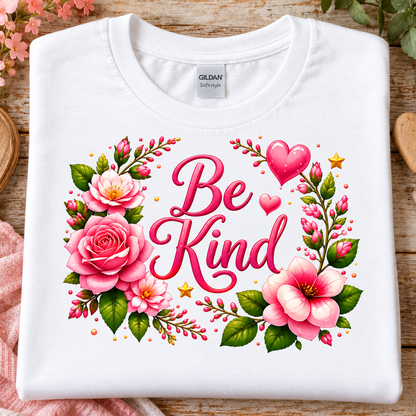 A folded white Gildan Softstyle T-shirt laid flat on a rustic wooden surface, featuring a colorful floral design with pink roses, green leaves, hearts, stars, and the words “Be Kind” in pink script.