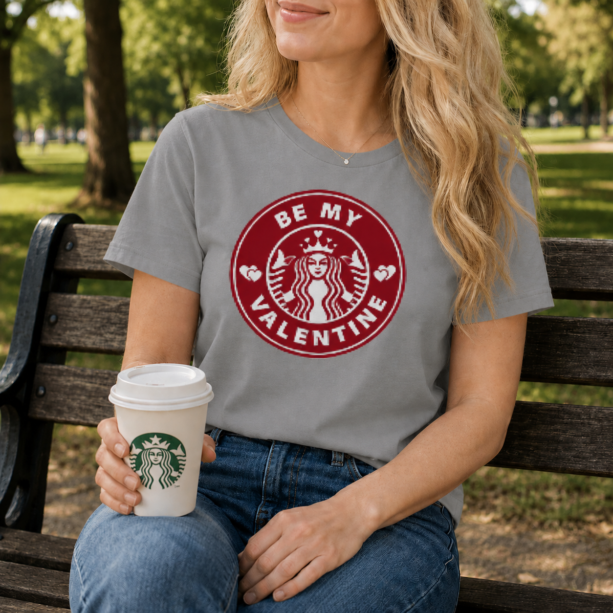 Person wearing a gray t-shirt with a Valentine's Day design, holding a Starbucks cup outdoors.