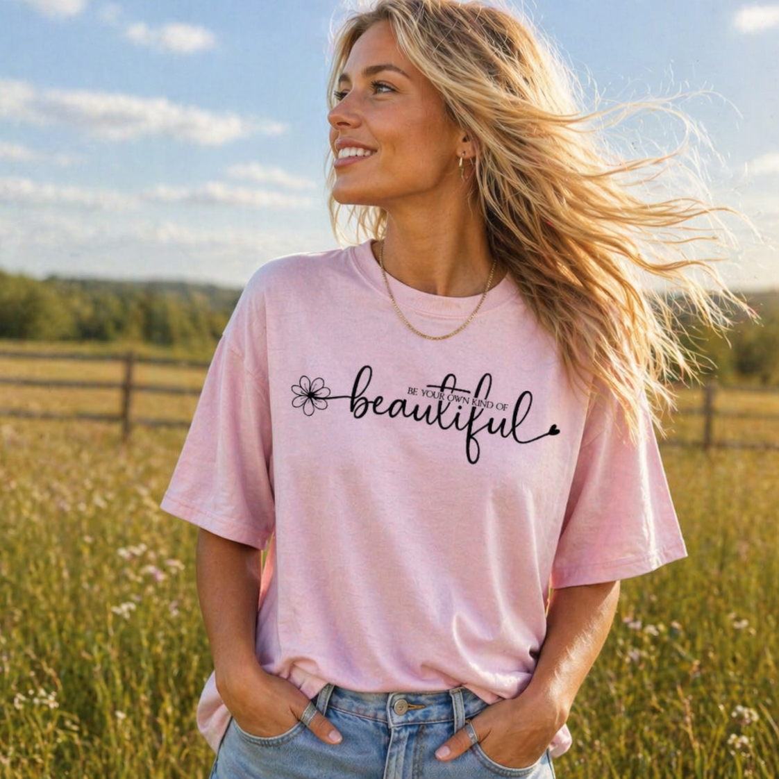Woman wearing a pink t-shirt with 'beautiful' printed on it, standing in a field.