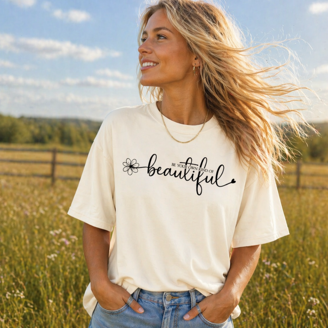 Woman wearing an ivory graphic tee with 'beautiful' on it.
