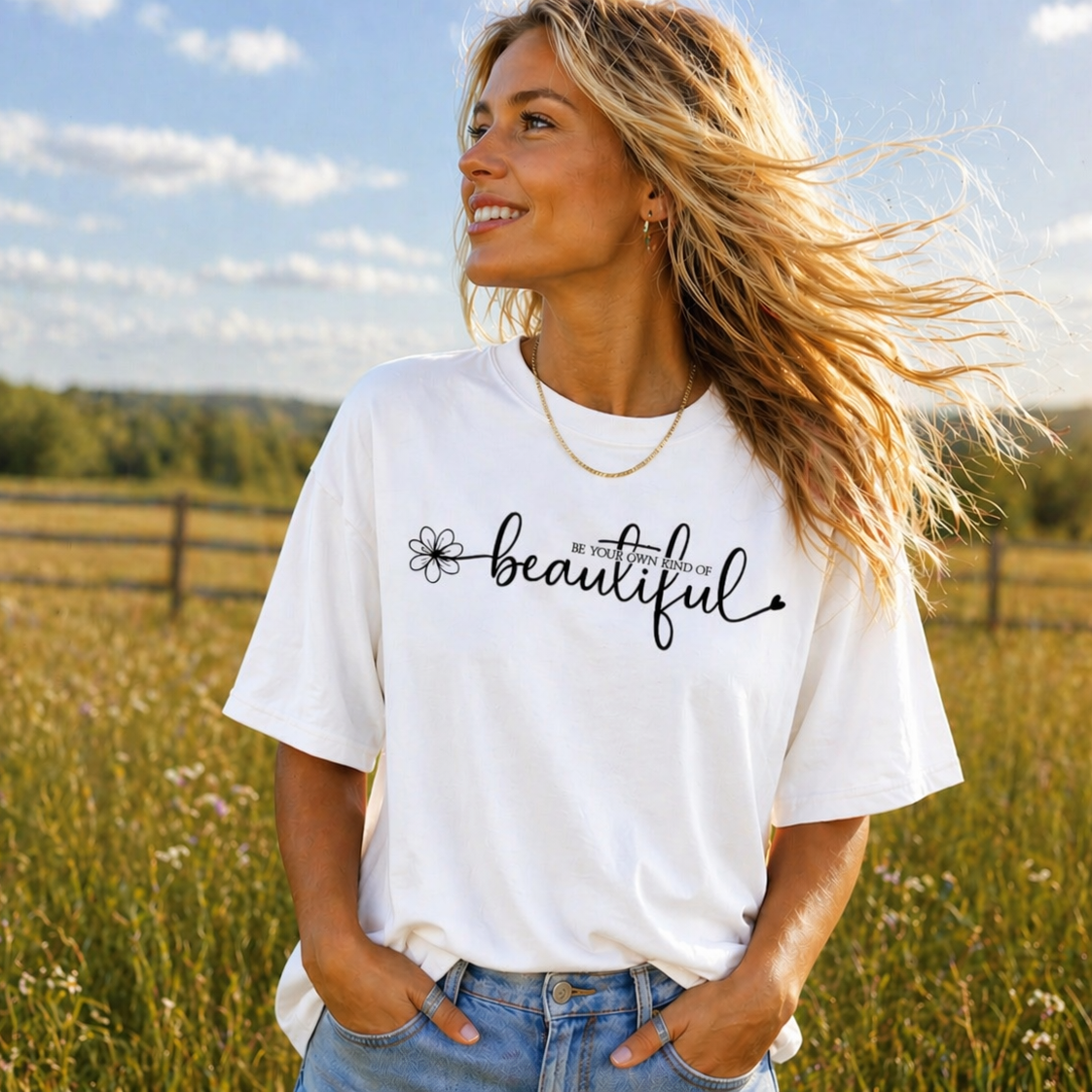 Woman wearing a white t-shirt with 'beautiful' printed on it, standing in a field.