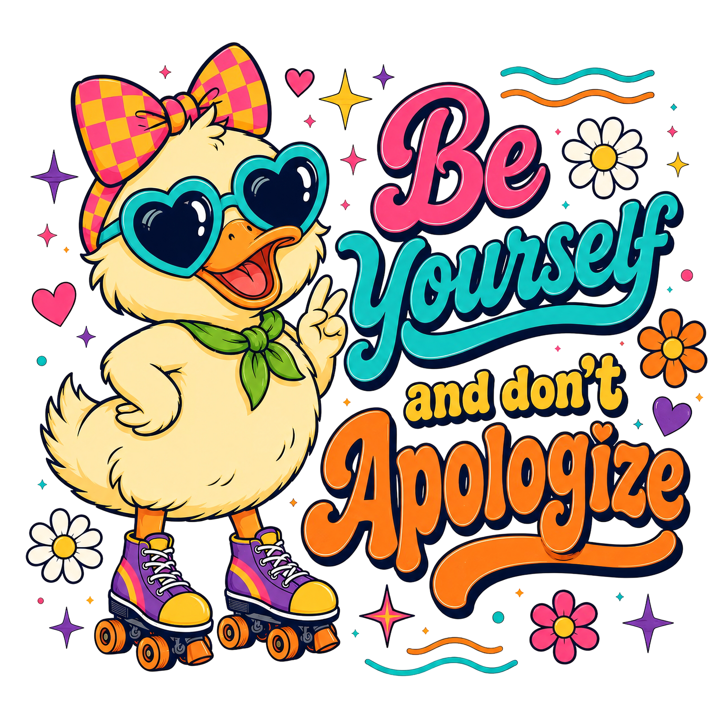 A colorful retro-style graphic featuring a cartoon duck wearing a pink bow, heart-shaped sunglasses, and roller skates beside the motivational text 'Be Yourself and don't Apologize' on a black background.