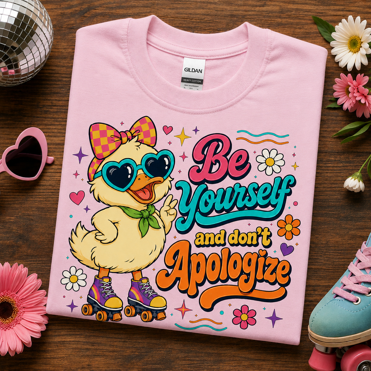 A folded light pink Gildan t-shirt with a colorful graphic of a duck character on roller skates and the text 'Be Yourself and don't Apologize', styled on a dark wood background with flowers, a disco ball, pink heart sunglasses, and a blue shoe.