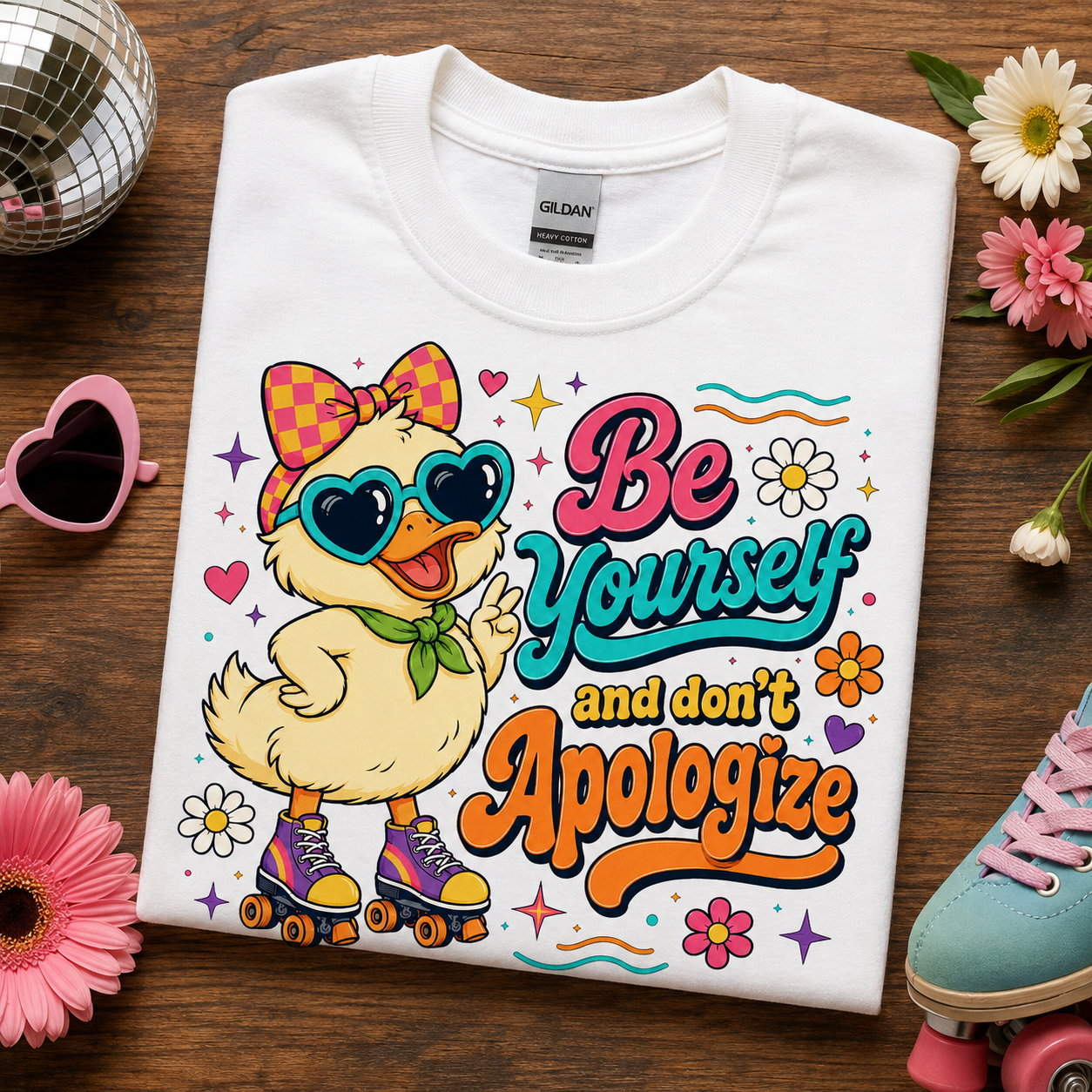 A folded white Gildan t-shirt with a colorful graphic of a duck character on roller skates and the text 'Be Yourself and don't Apologize', styled on a wooden background with flowers, a disco ball, and a blue shoe.