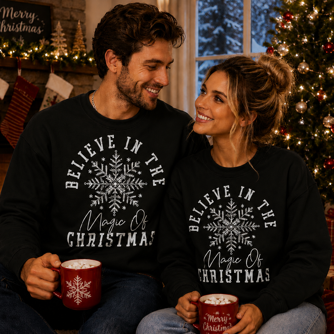 Couple wearing black Christmas sweatshirts with a snowflake design, sitting in front of a decorated Christmas tree and fireplace