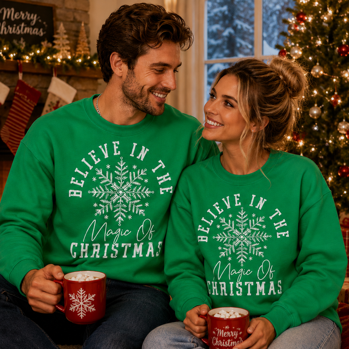 Couple wearing green Christmas sweatshirts with a snowflake design, sitting in front of a decorated Christmas tree and fireplace