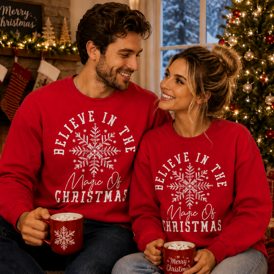 Couple wearing red Christmas sweatshirts with a snowflake design, sitting in front of a decorated Christmas tree and fireplace.