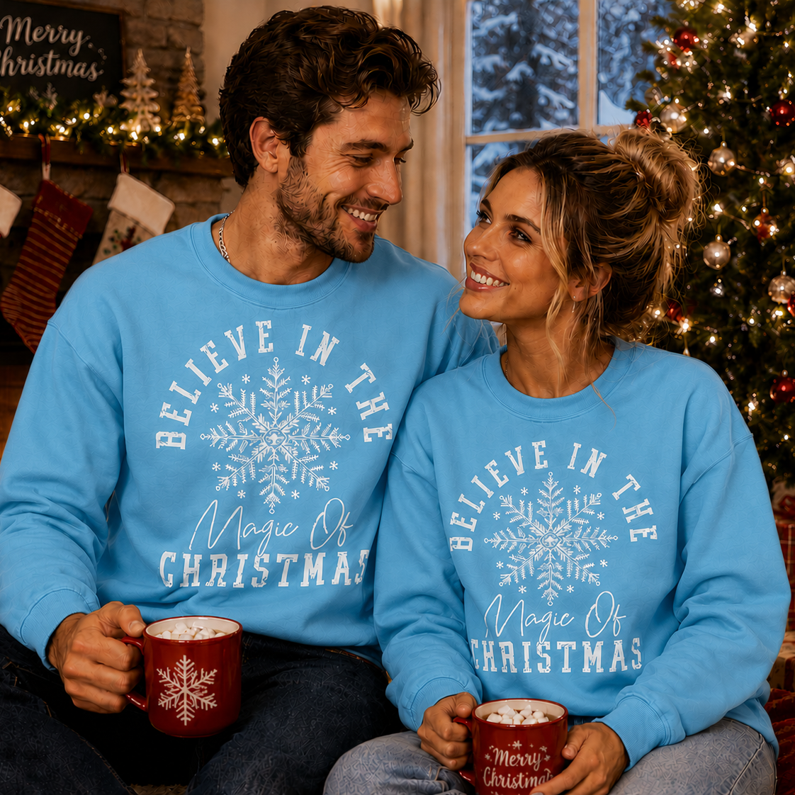 Couple wearing skyblue Christmas sweatshirts with a snowflake design, sitting in front of a decorated Christmas tree and fireplace
