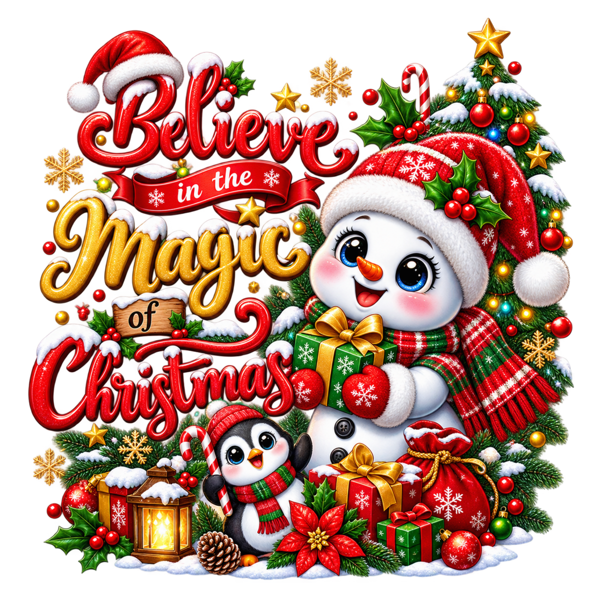 A festive Christmas graphic with the phrase “Believe in the Magic of Christmas” in red and gold lettering, surrounded by snowman and penguin characters, Santa hats, wrapped gifts, ornaments, holly, pinecones, candy canes, and a lit lantern on a white background.