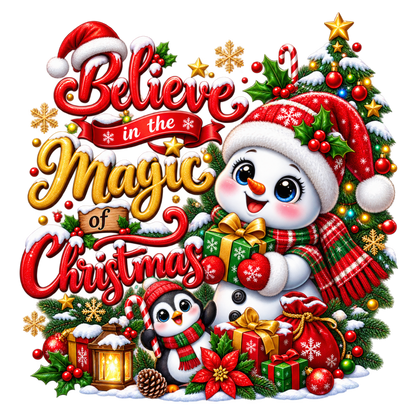 A festive Christmas graphic with the phrase “Believe in the Magic of Christmas” in red and gold lettering, surrounded by snowman and penguin characters, Santa hats, wrapped gifts, ornaments, holly, pinecones, candy canes, and a lit lantern on a white background.