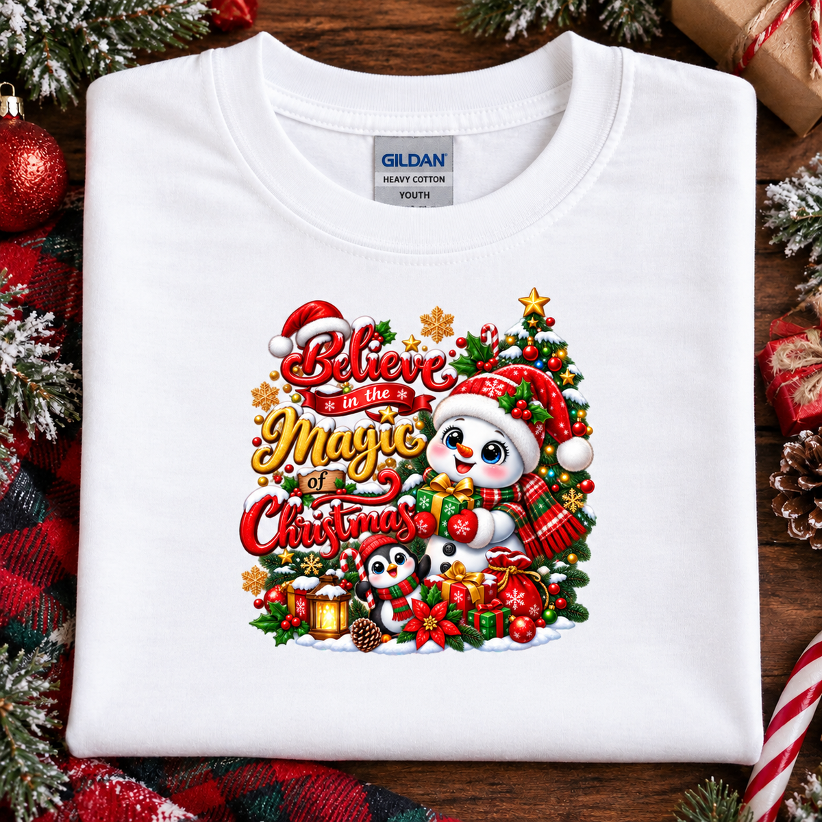 A folded white Gildan Youth t-shirt with a colorful Christmas graphic that reads 'Believe in the Magic of Christmas' featuring a snowman, Christmas tree, and penguin. The shirt is displayed on a rustic wooden background decorated with holiday ornaments, pine branches, and wrapped gifts.