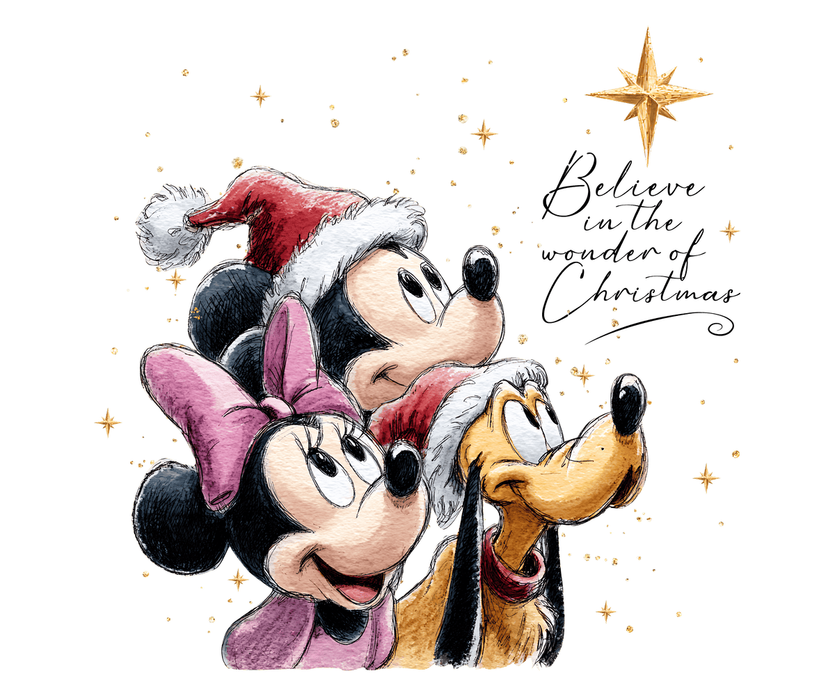 A festive Christmas illustration featuring Mickey Mouse, Minnie Mouse, and Pluto wearing Santa hats, set against a dark green background with gold stars and the text 'Believe in the wonder of Christmas.'.