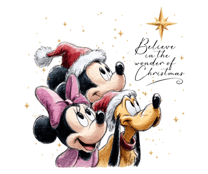A festive Christmas illustration featuring Mickey Mouse, Minnie Mouse, and Pluto wearing Santa hats, set against a dark green background with gold stars and the text 'Believe in the wonder of Christmas.'.