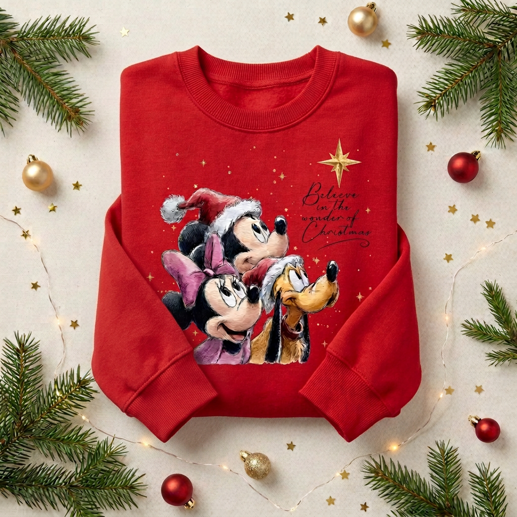 A red crewneck sweatshirt featuring a festive Christmas graphic of Mickey Mouse, Minnie Mouse, and Pluto wearing Santa hats, with the text 'Believe in the spirit of Christmas' and a gold star. The sweatshirt is displayed in a flat-lay arrangement with pine branches, gold ornaments, and fairy lights on a light beige background.