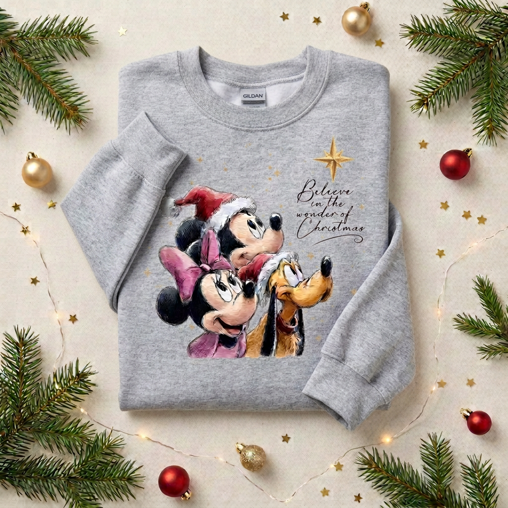 A folded heather gray sweatshirt featuring a watercolor-style Mickey Mouse, Minnie Mouse, and Pluto Christmas graphic with the text 'Believe in the spirit of Christmas,' styled on a beige background with pine branches, gold and red ornaments, and string lights.