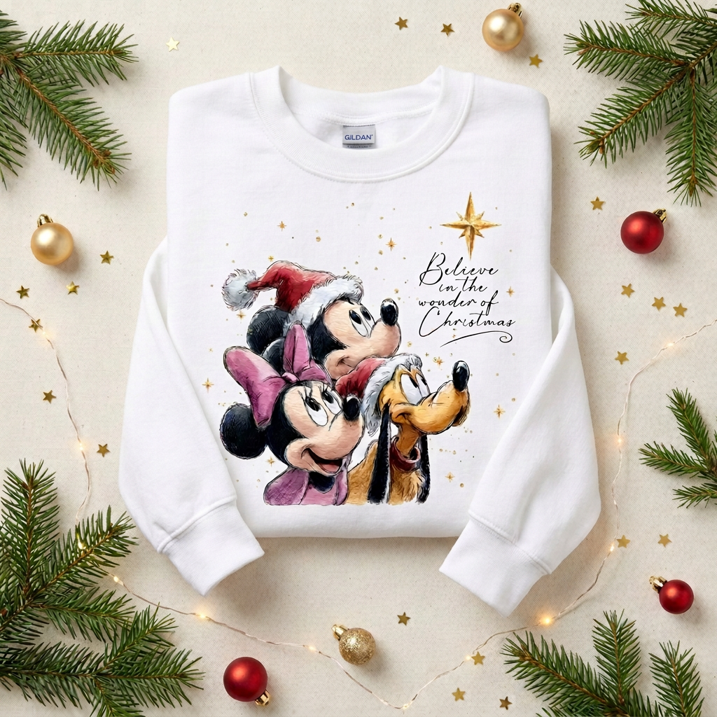 A white long-sleeve sweatshirt laid flat on a light beige surface, decorated with pine branches, gold ornaments, and fairy lights. The sweatshirt features a colorful graphic of Mickey Mouse, Minnie Mouse, Pluto, and Santa with the text 'Believe in the wonder of Christmas.