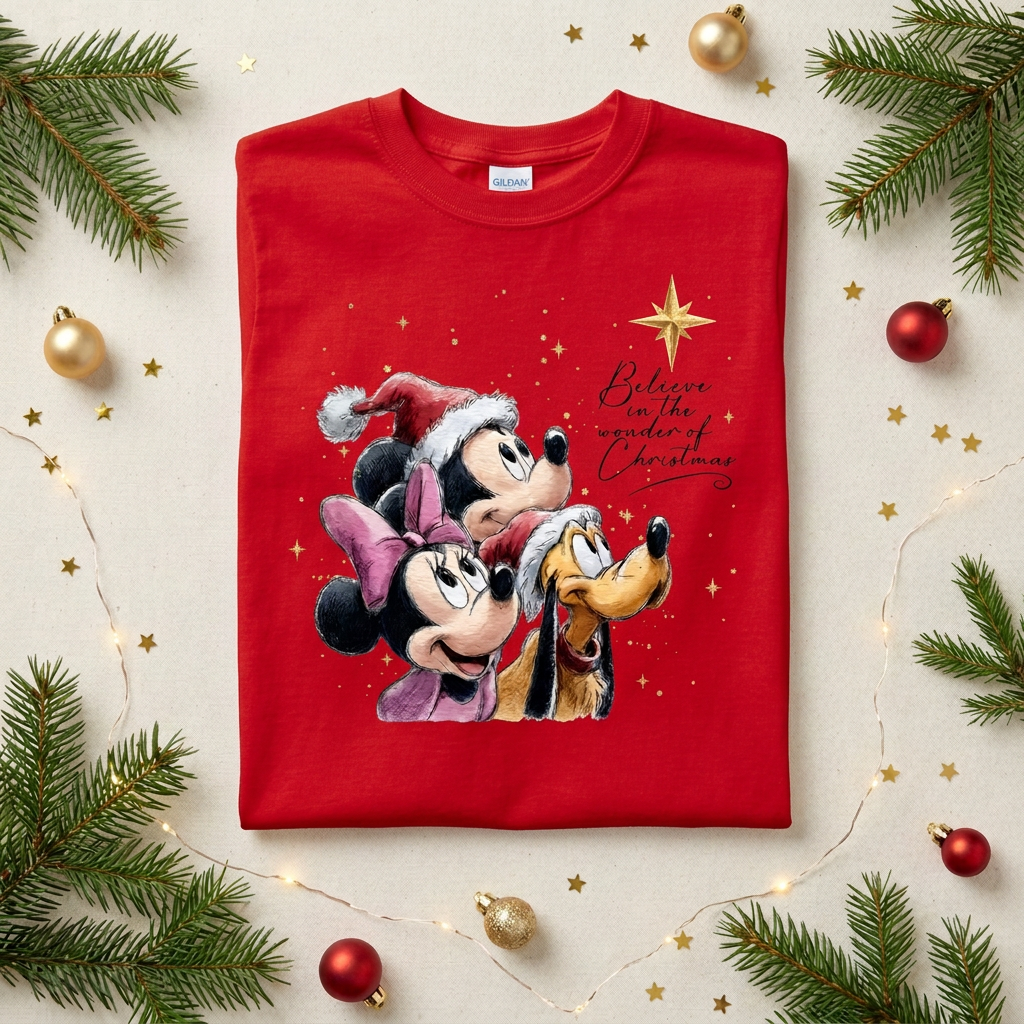 A folded red Christmas graphic T-shirt featuring Mickey Mouse, Minnie Mouse, Pluto, and Santa with the text 'Believe in the spirit of Christmas' and a gold star, styled on a light beige background with pine branches, ornaments, and fairy lights.