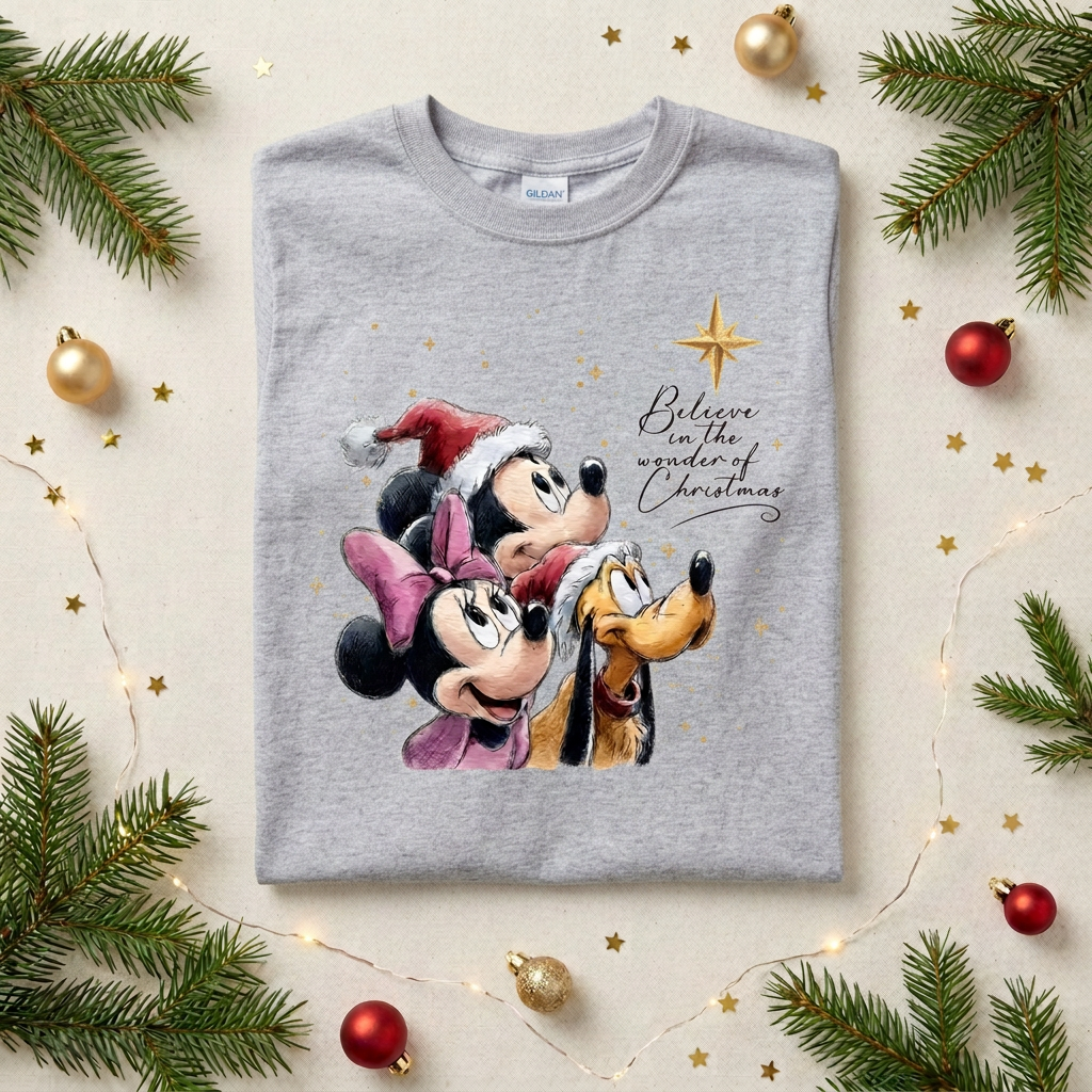 A folded sport gray T-shirt with a Mickey Mouse, Minnie Mouse, and Pluto Christmas graphic, styled in a flat lay with pine branches, gold ornaments, and string lights on a light beige background.