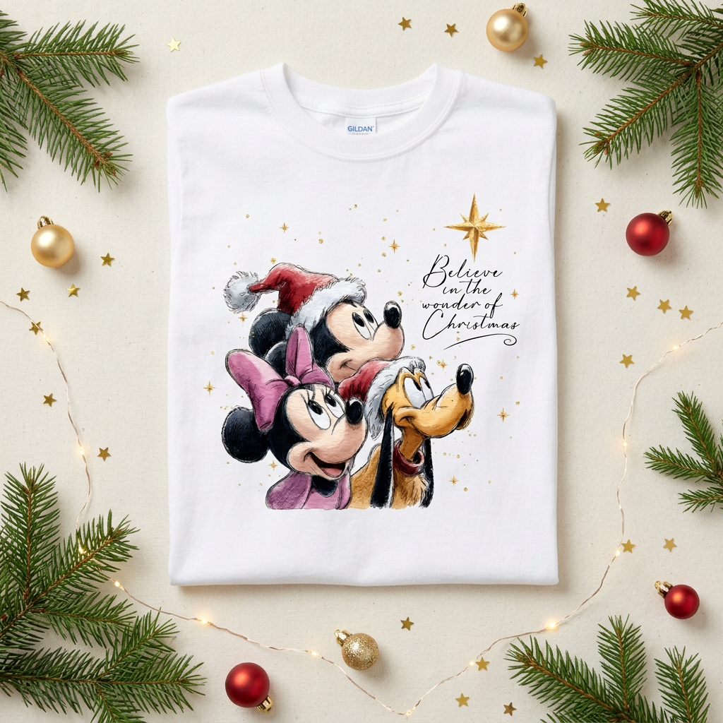 A white Gildan t-shirt featuring a festive Christmas graphic of Mickey Mouse, Minnie Mouse, and Pluto wearing Santa hats, with the text 'Believe in the wonder of Christmas' and gold stars. 