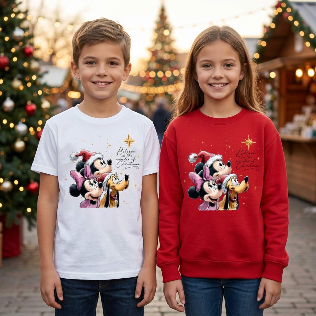 A boy and a girl standing side by side outdoors in front of decorated Christmas trees and market stalls. The boy wears a white long-sleeve T-shirt with a Mickey Mouse and Minnie Mouse Christmas graphic, and the girl wears a red long-sleeve sweatshirt with the same graphic.
