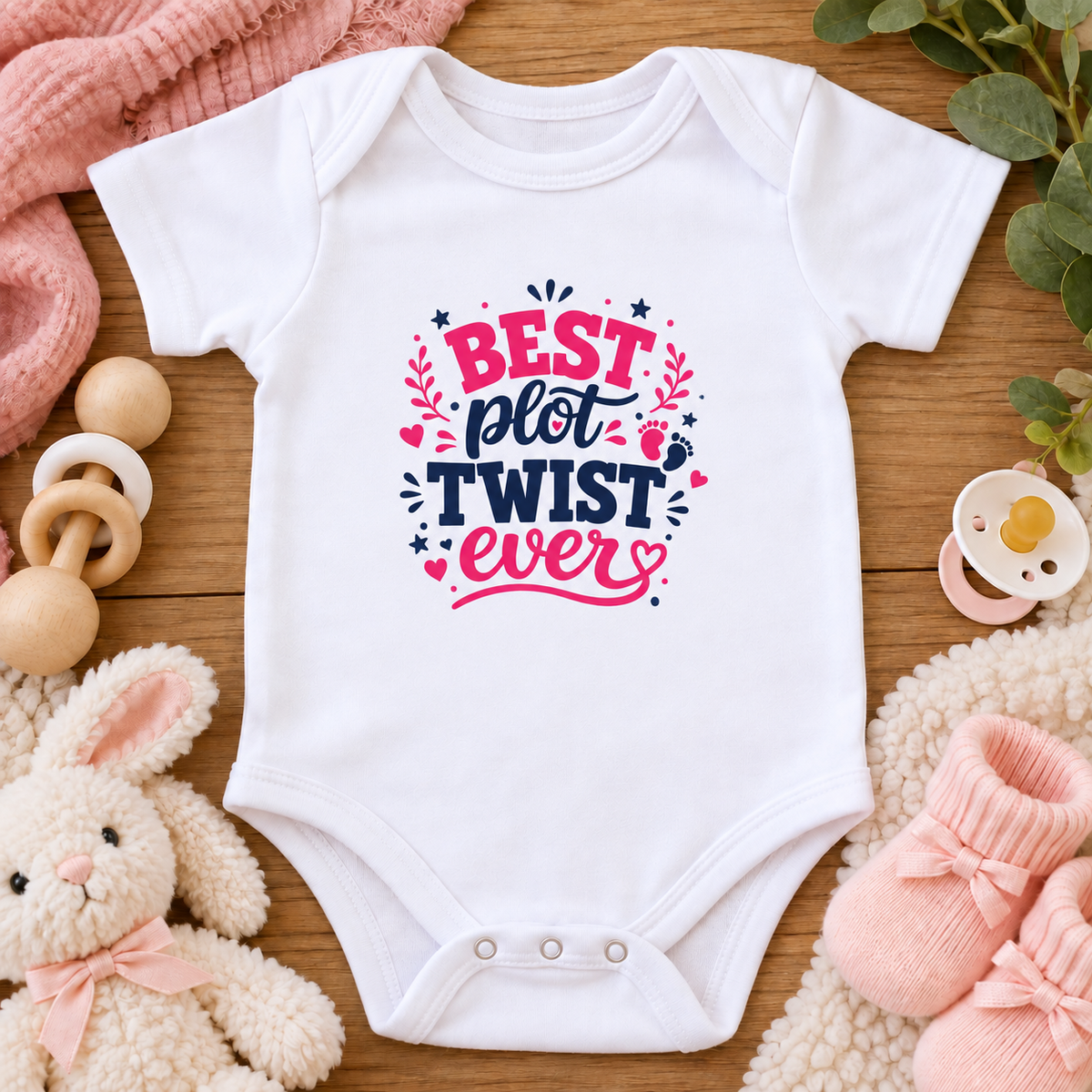 A white baby bodysuit laid flat on a wooden surface, surrounded by baby-themed props including a plush bunny, pink knit socks, a pacifier, wooden teethers, and a soft blanket. The bodysuit has a colorful printed slogan reading “BEST plot TWIST ever” in pink and navy lettering with small decorative accents.