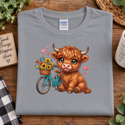 A folded sport gray t-shirt with a cute graphic of a fluffy brown Highland cow riding a teal bicycle with a basket of flowers. The shirt is displayed on a wooden table with decorative props including a wooden block, a mug, and greenery.