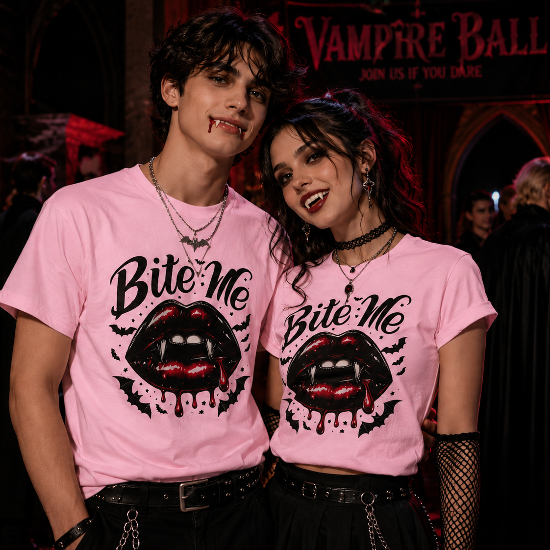 Two people wearing 'Bite Me' t-shirts at a vampire-themed event.