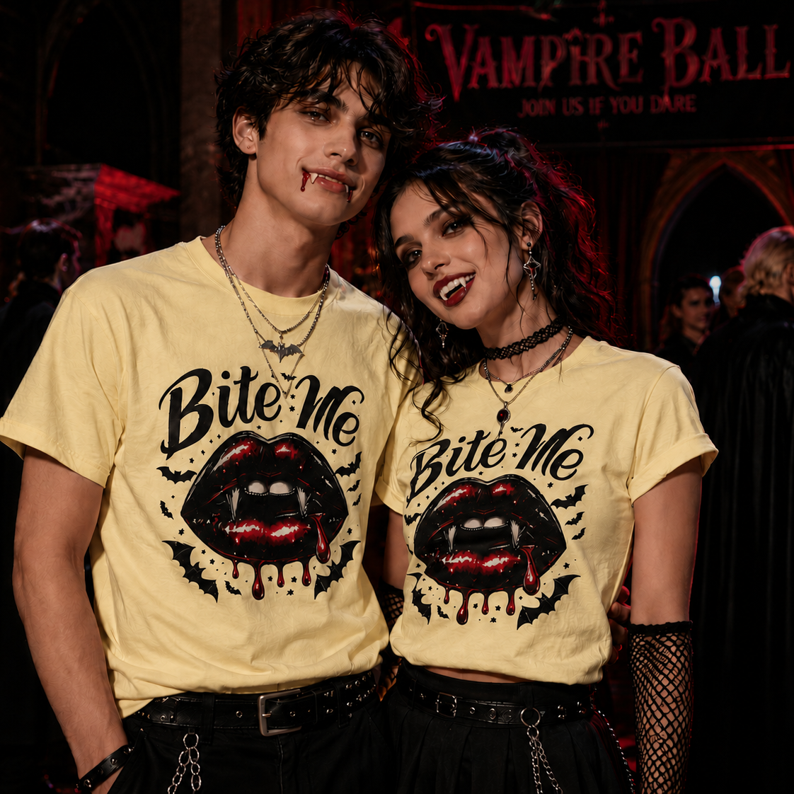 Two people wearing 'Bite Me' t-shirts at a vampire-themed event.
