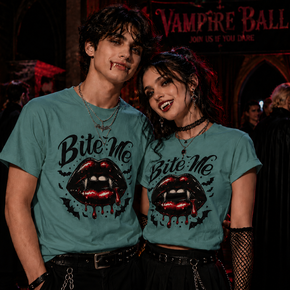 Two people wearing 'Bite Me' t-shirts at a vampire-themed event.