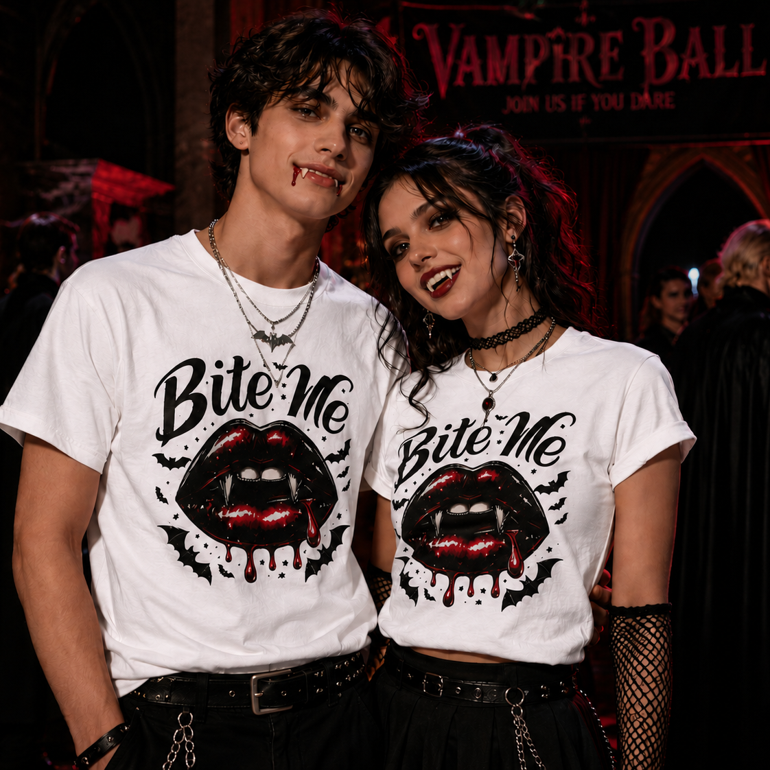 Two people wearing 'Bite Me' t-shirts at a vampire-themed event.