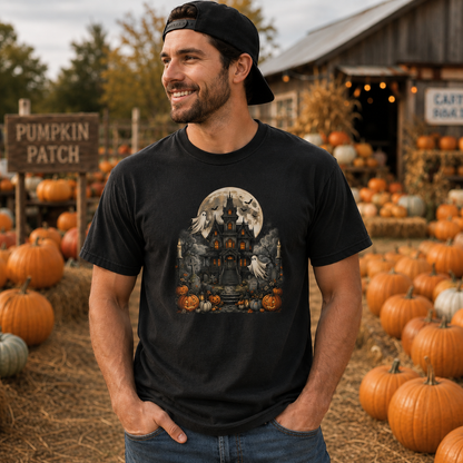A man wearing a black t-shirt with a detailed Halloween haunted house graphic, standing in a pumpkin patch with a rustic barn in the background.