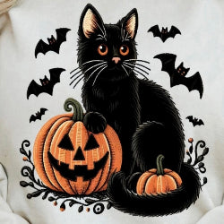 Black cat with pumpkins and bats on a white sweatshirt