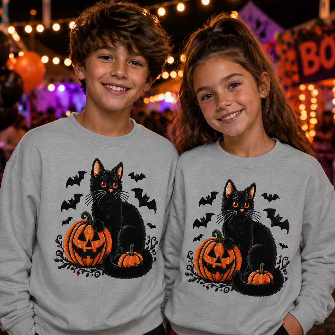 Two children wearing matching light gray crewneck sweatshirts with a black cat, orange pumpkins, and bats graphic, posed in front of a festive Halloween background with lights and decorations.