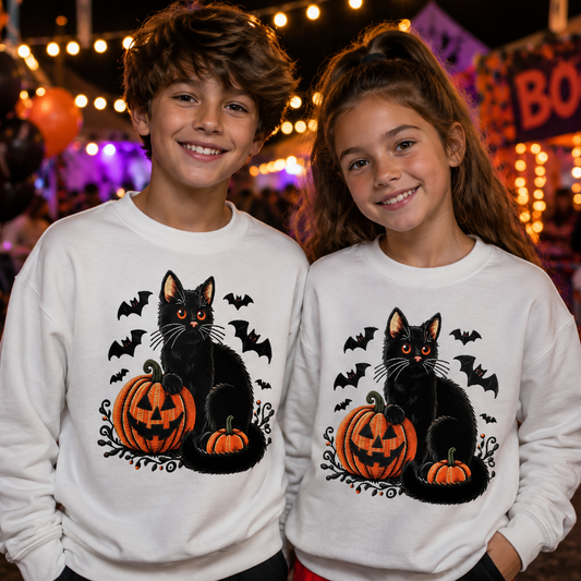 Two youth boy and girl wearing matching white long-sleeve sweatshirts with a black cat, orange jack-o'-lantern, and bats graphic, posed in front of a festive Halloween night background with lights and decorations.
