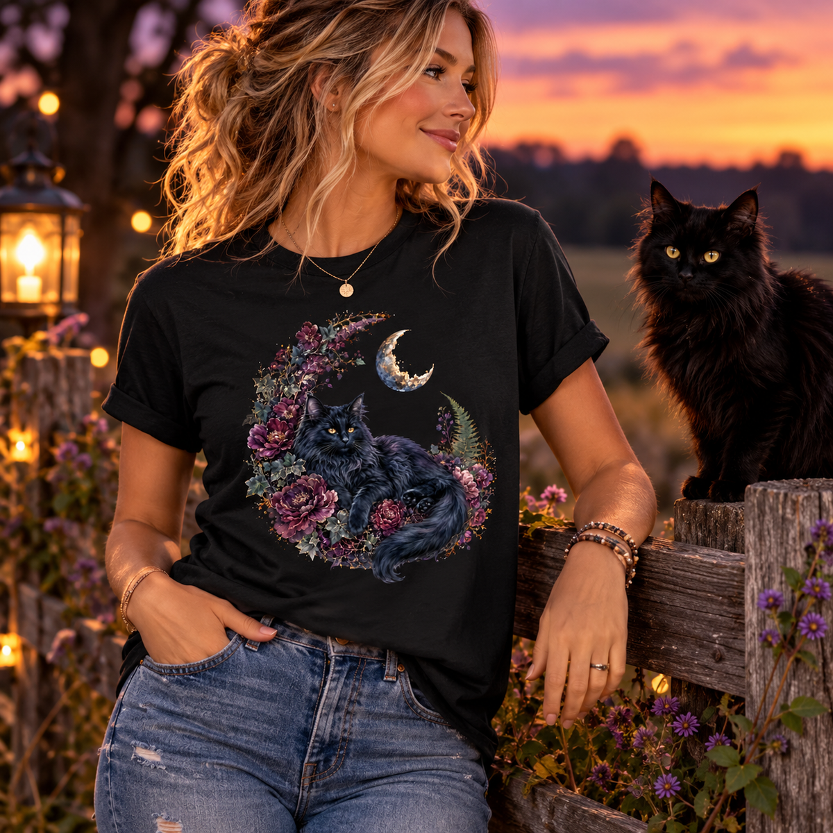 A woman wearing a black graphic t-shirt with a cat and moon design, posing outdoors next to a black cat at sunset.