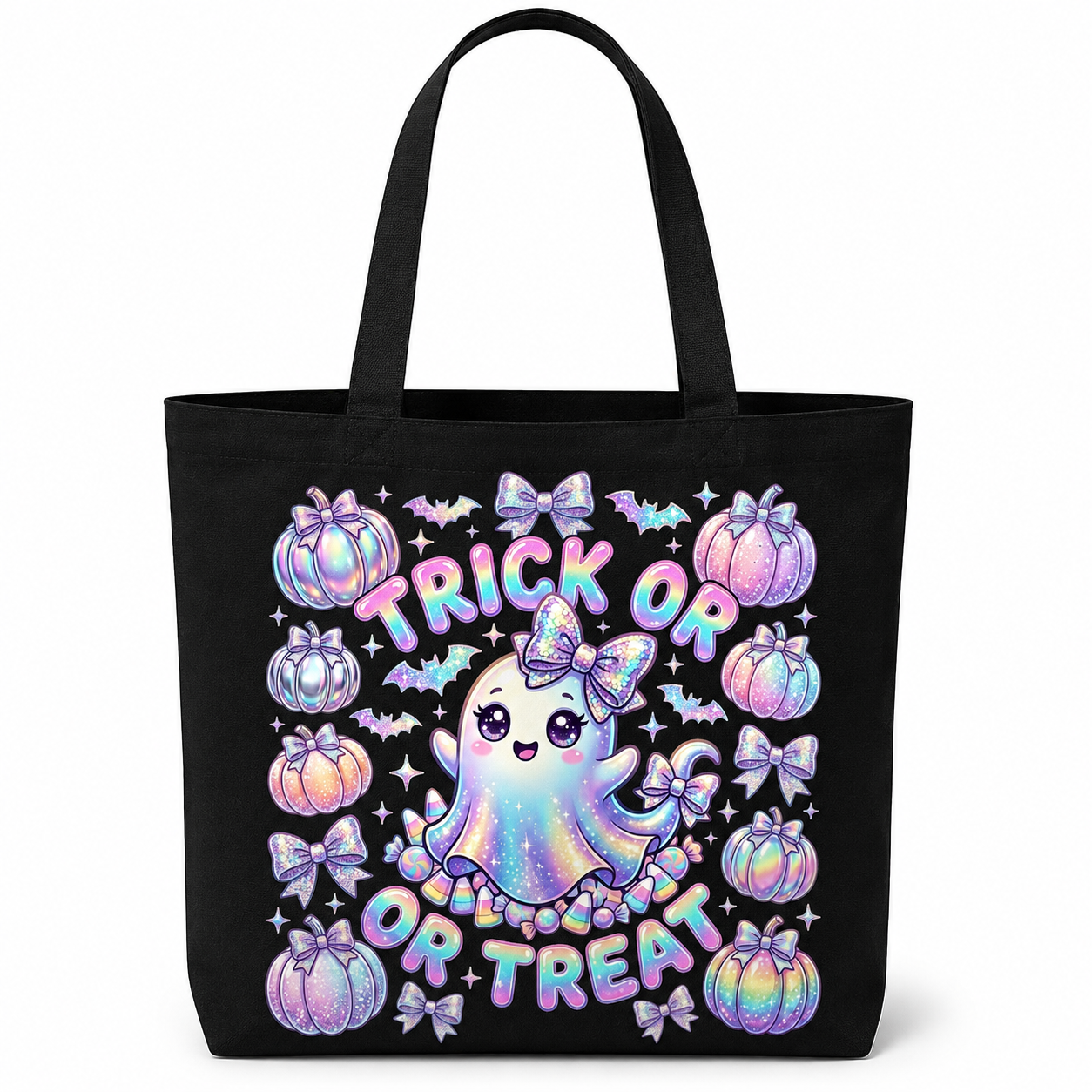 A black canvas tote bag with a colorful Halloween graphic featuring a cute ghost, pumpkins, bows, bats, and the text 'TRICK OR TREAT'.