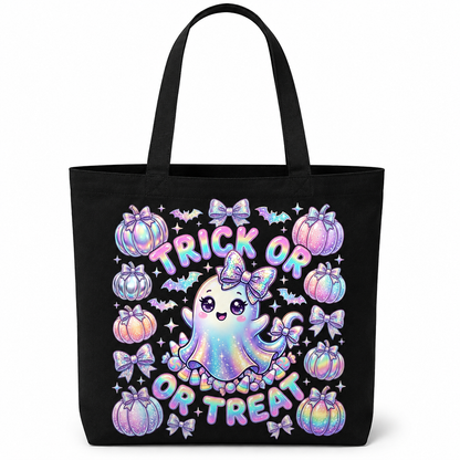 A black canvas tote bag with a colorful Halloween graphic featuring a cute ghost, pumpkins, bows, bats, and the text 'TRICK OR TREAT'.